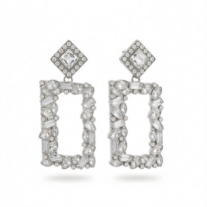 White Crystal & Cubic Zirconia Open Rectangle Drop Earrings