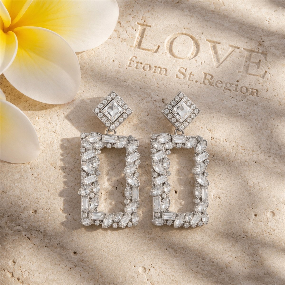 White Crystal & Cubic Zirconia Open Rectangle Drop Earrings