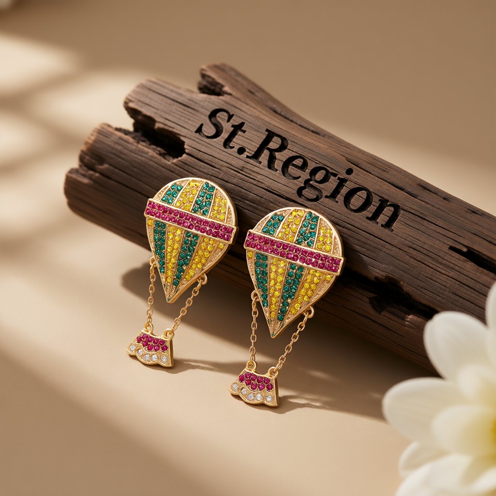 Yellow Cubic Zirconia and 18K Gold-Plated Hot Air Balloon Drop Earrings, gold drop earrings for women, front view