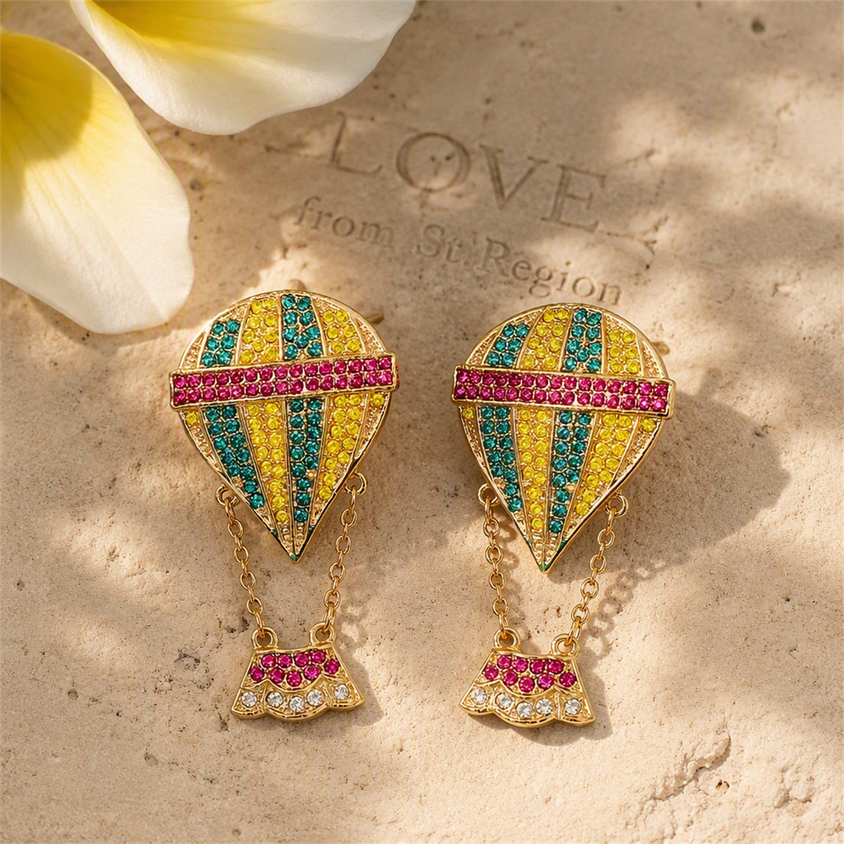 Yellow Cubic Zirconia and 18K Gold-Plated Hot Air Balloon Drop Earrings, gold drop earrings for women, lifestyle look