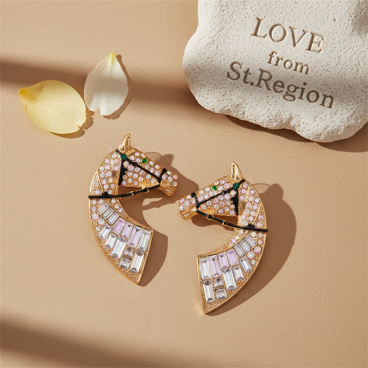 Cubic Zirconia and Crystal 18K Gold-Plated Horse Stud Earrings, gold stud earrings for women, lifestyle look
