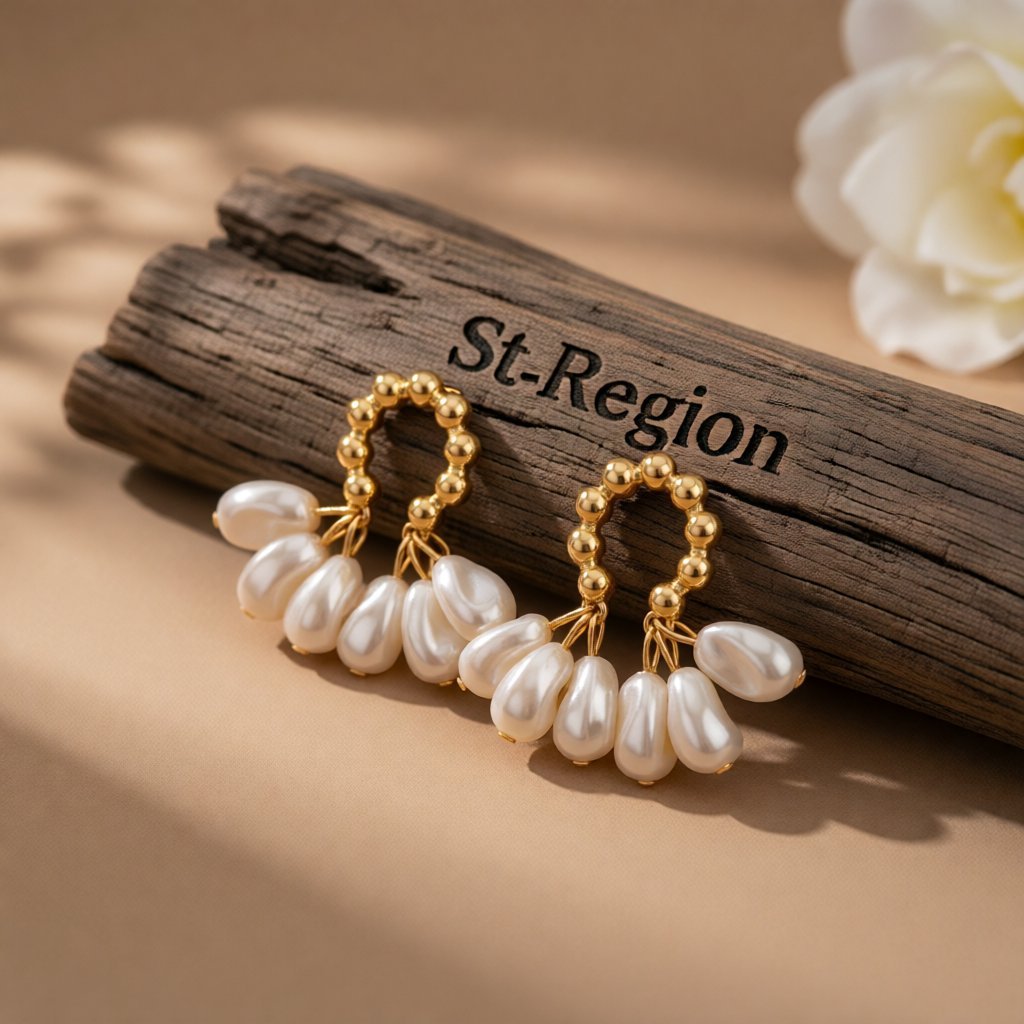 Pearl and 18K Gold-Plated Cluster Drop Earrings, gold drop earrings for women, dainty minimalist design, front view