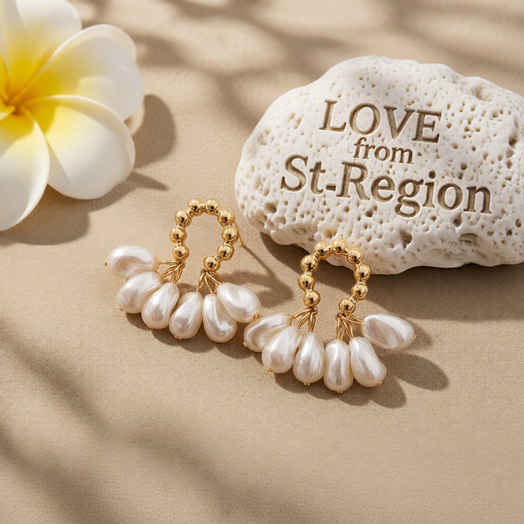 Pearl and 18K Gold-Plated Cluster Drop Earrings, gold drop earrings for women, dainty minimalist design, lifestyle look