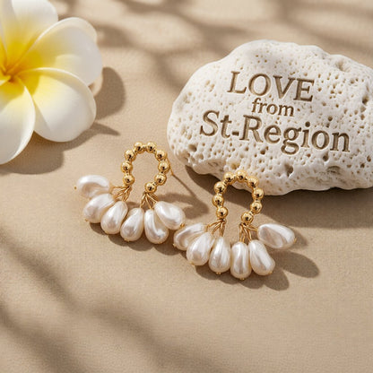 Pearl and 18K Gold-Plated Cluster Drop Earrings, gold drop earrings for women, dainty minimalist design, lifestyle look