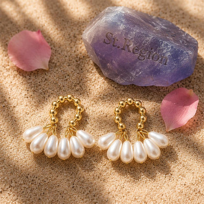 Pearl and 18K Gold-Plated Cluster Drop Earrings, gold drop earrings for women, dainty minimalist design, detail close-up