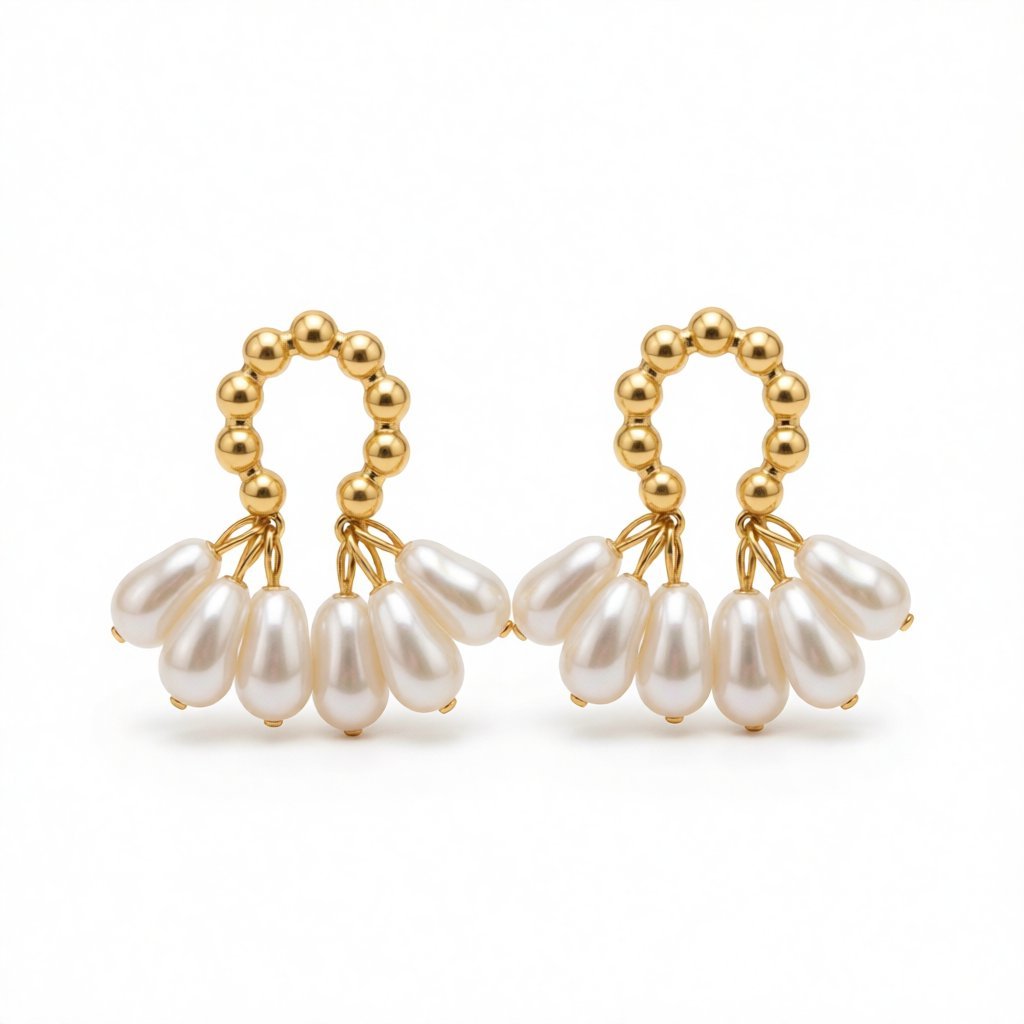 Pearl and 18K Gold-Plated Cluster Drop Earrings, gold drop earrings for women, dainty minimalist design, side view