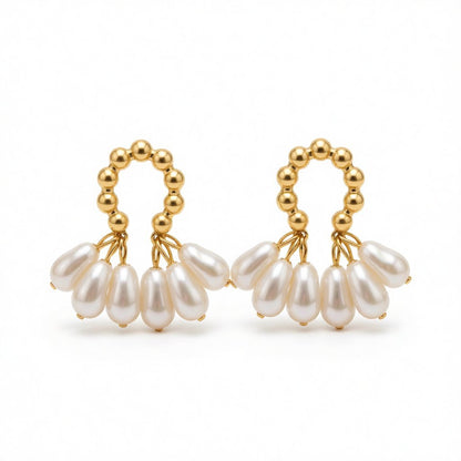 Pearl and 18K Gold-Plated Cluster Drop Earrings, gold drop earrings for women, dainty minimalist design, side view