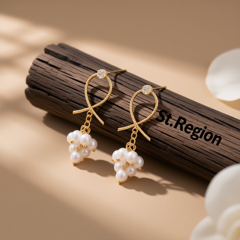 Pearl and Cubic Zirconia 18K Gold-Plated Grape Drop Earrings, gold drop earrings for women, botanical inspired, front view