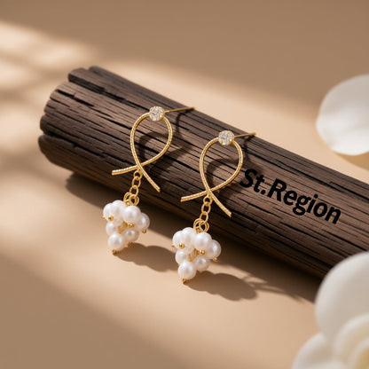 Pearl and Cubic Zirconia 18K Gold-Plated Grape Drop Earrings, gold drop earrings for women, botanical inspired, front view