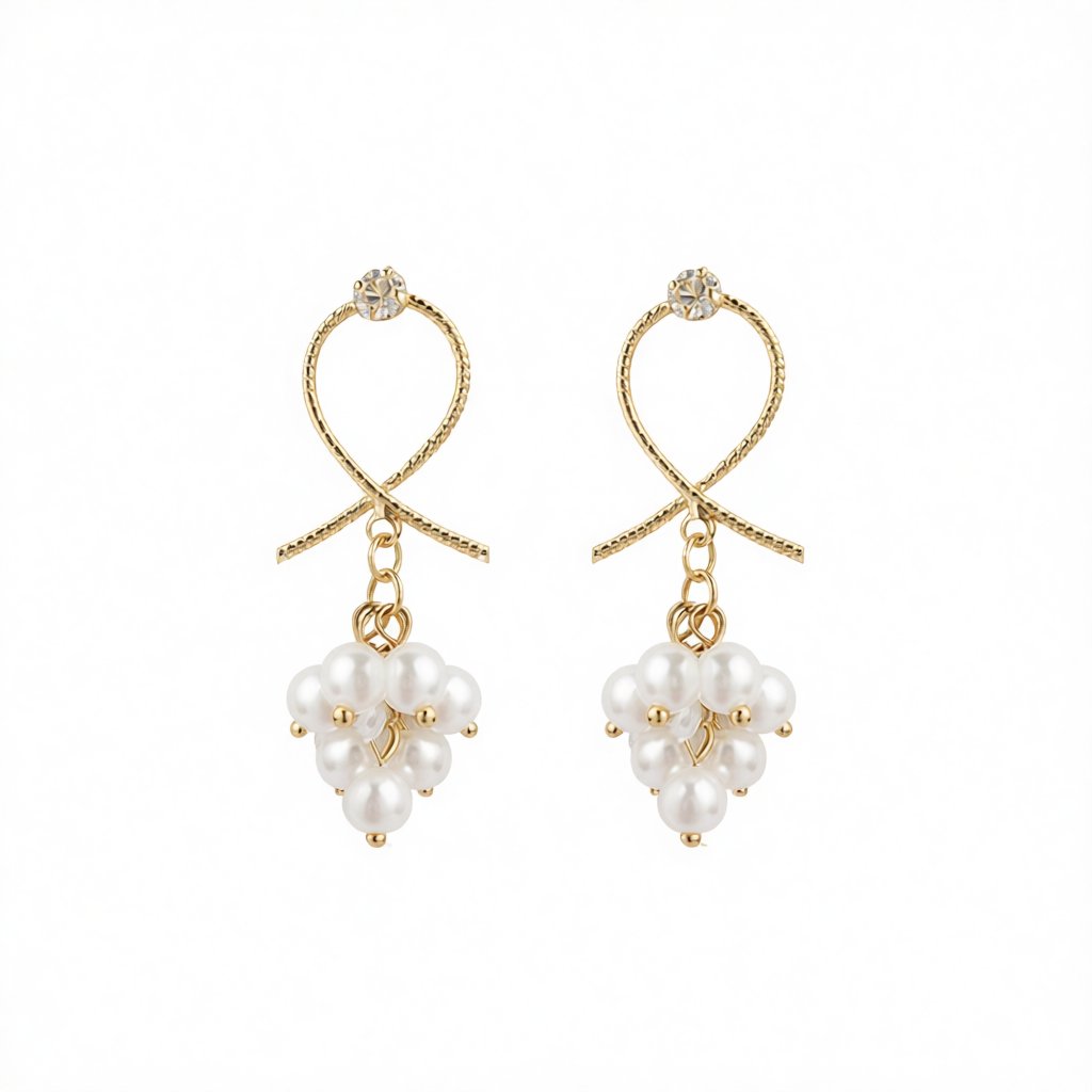 Pearl and Cubic Zirconia 18K Gold-Plated Grape Drop Earrings, gold drop earrings for women, botanical inspired, side view
