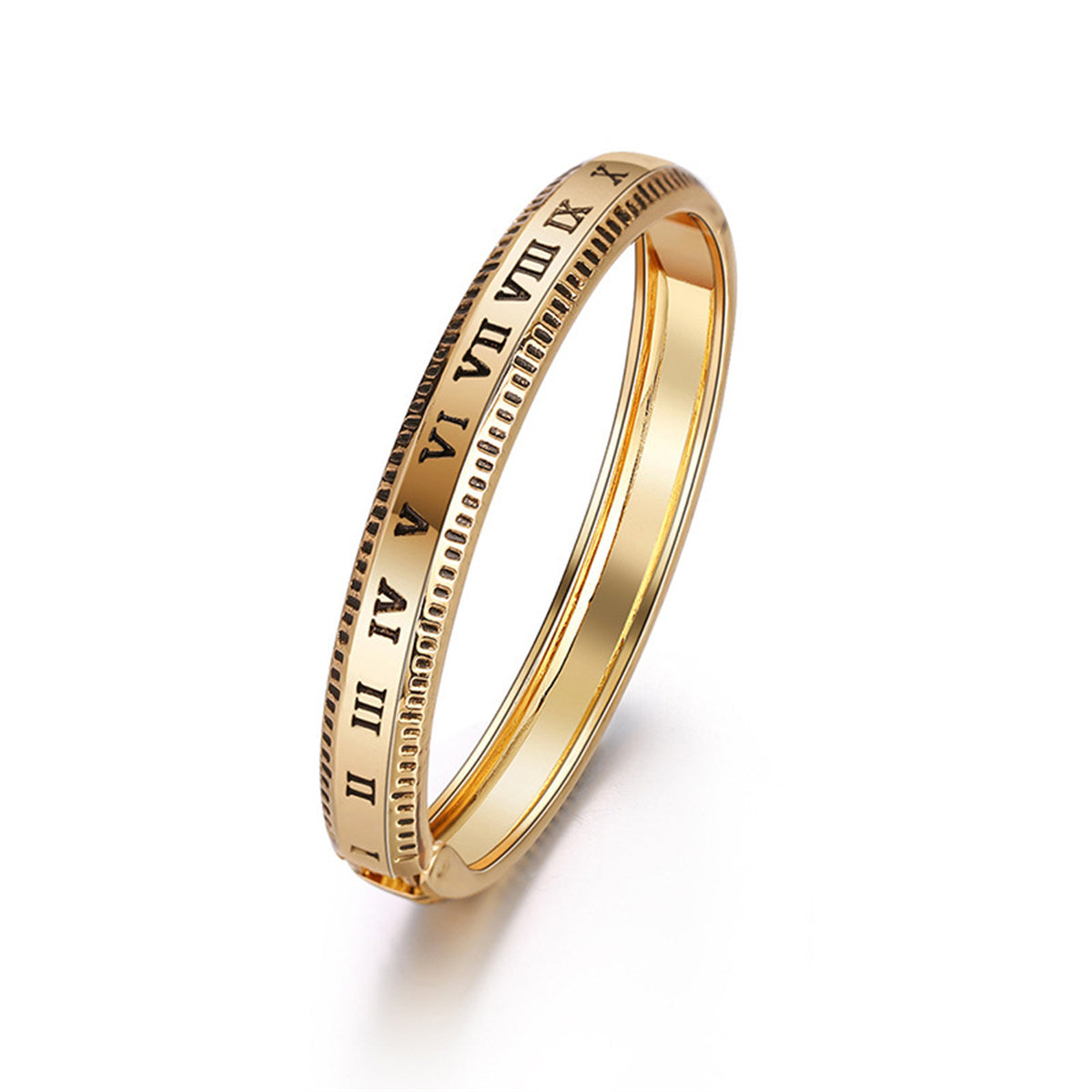 18K Gold-Plated Roman Numerals Hinge Bangle, gold bangle bracelet, botanical inspired, front view