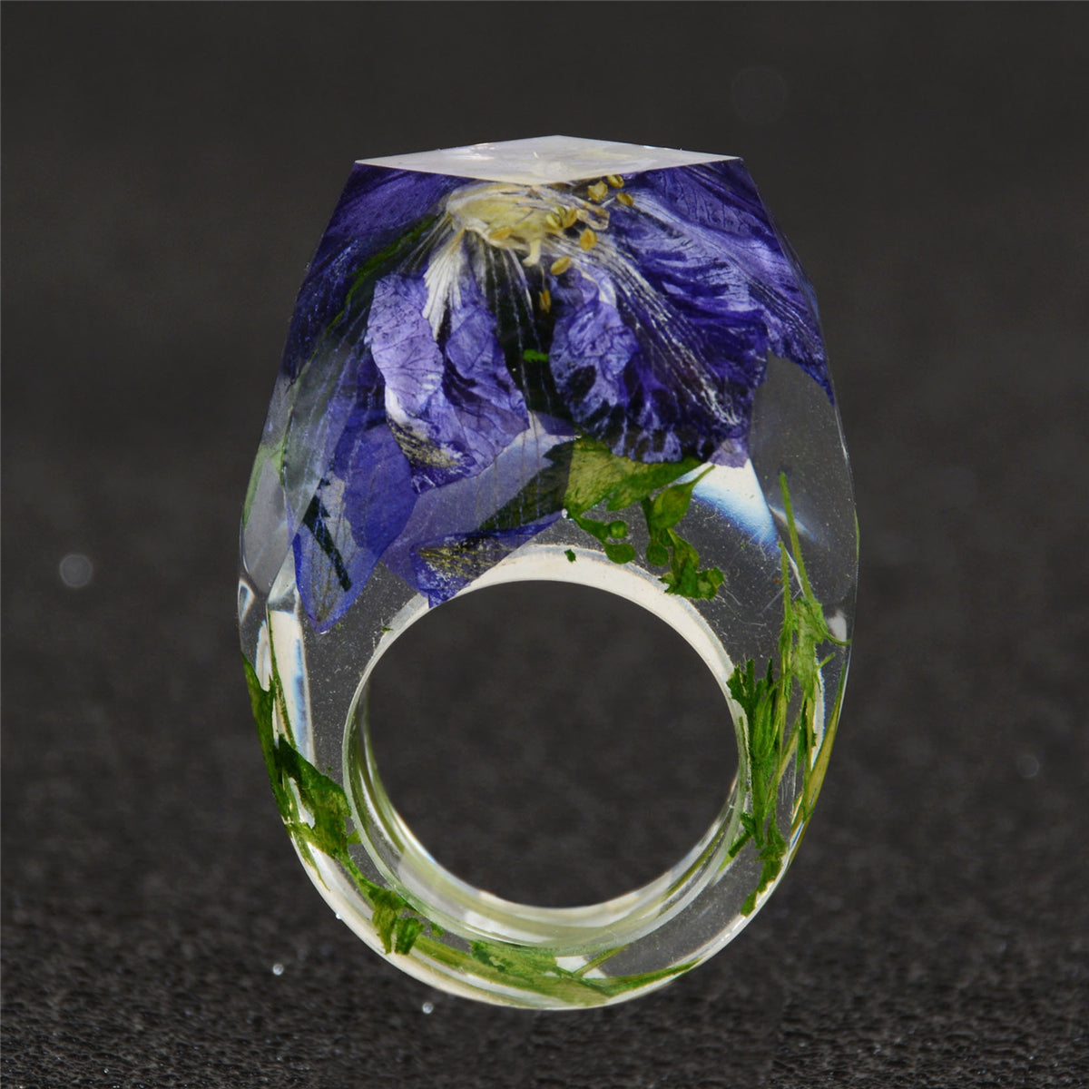 Purple and Green Dried Flower Ring, statement rings for women, botanical inspired, lifestyle look