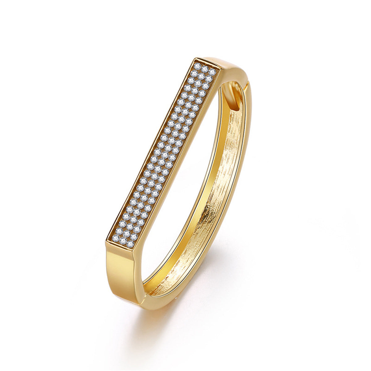 Cubic Zirconia and 18K Gold-Plated Rectangle Hinge Bangle, gold bangle bracelet, everyday style, front view