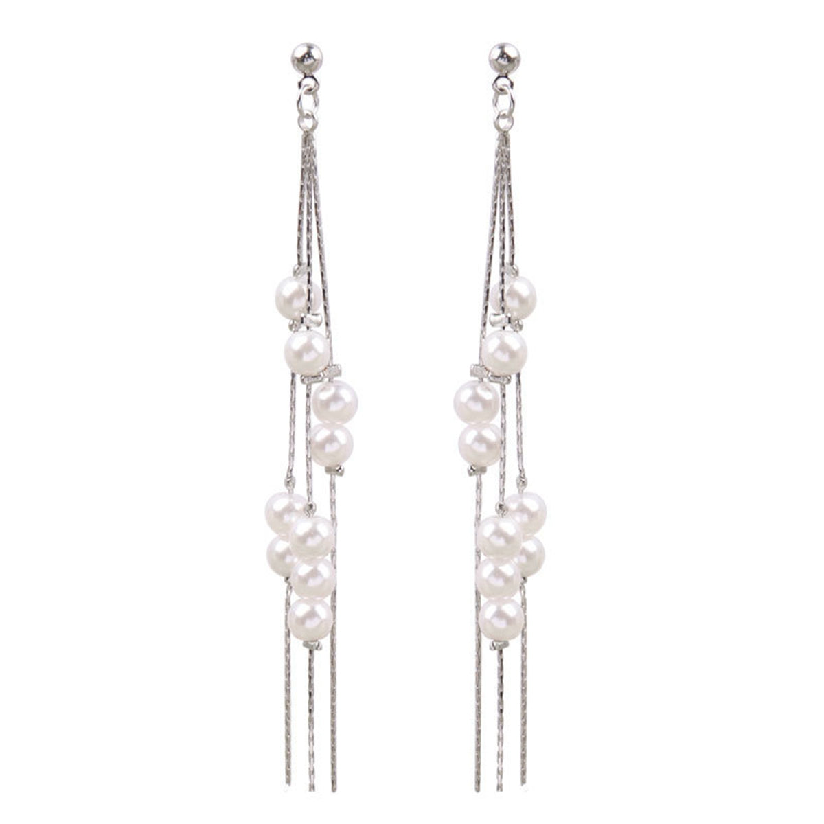 Pearl and Silver-Plated Cluster Tassel Dangle Earrings, silver drop earrings for women, detail close-up