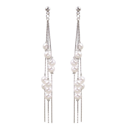 Pearl and Silver-Plated Cluster Tassel Dangle Earrings, silver drop earrings for women, detail close-up