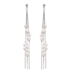 Pearl & Silver-Plated Cluster Tassel Dangle Earrings