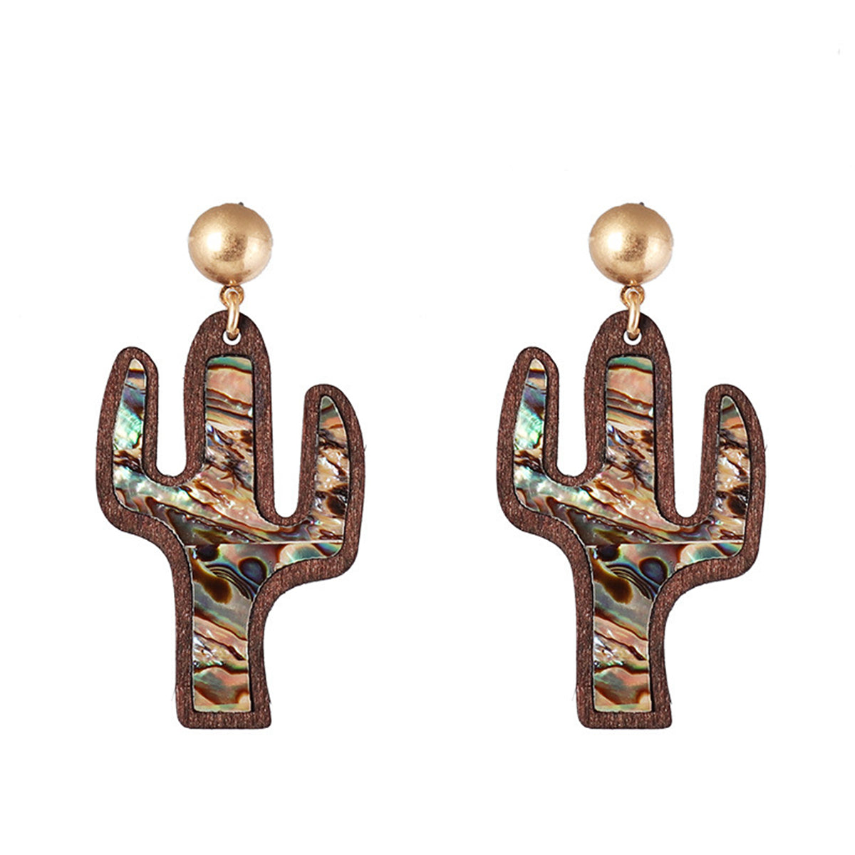 Abalone Shell and Wood Cactus Drop Earrings, drop earrings for women, everyday style, side view