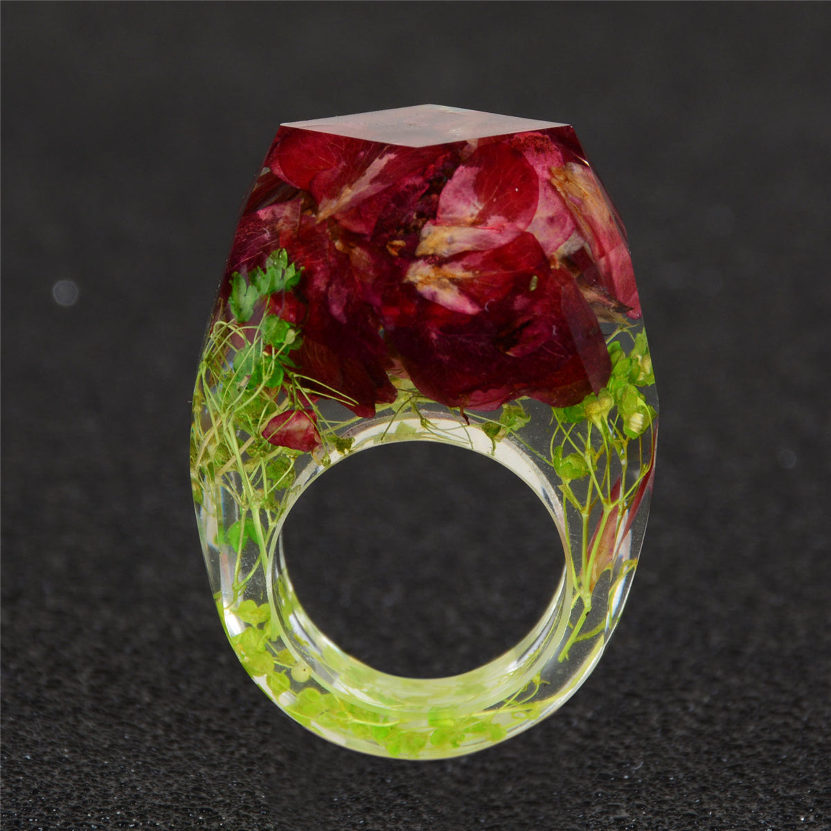 Deep Red and Green Dried Flower Ring, statement rings for women, vintage-inspired design, lifestyle look