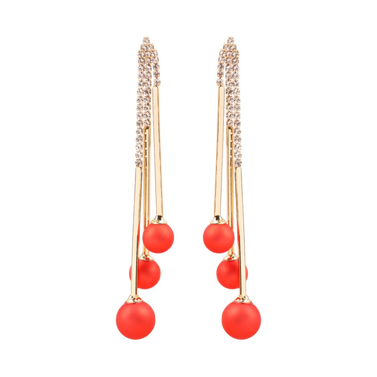 Red Resin and Cubic Zirconia Ball Tassel Drop Earrings, drop earrings for women, elegant gift for her, detail close-up