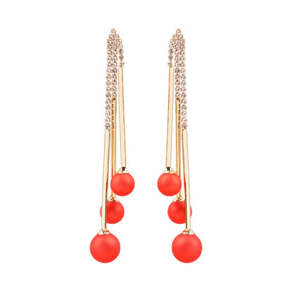 Red Resin and Cubic Zirconia Ball Tassel Drop Earrings, drop earrings for women, elegant gift for her, detail close-up