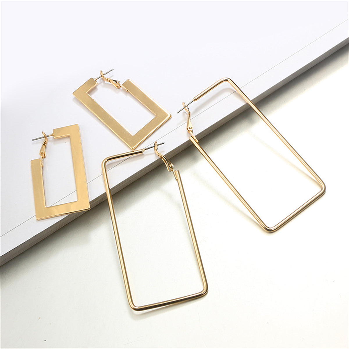18K Gold-Plated Openwork Rectangle Drop Earrings Set
