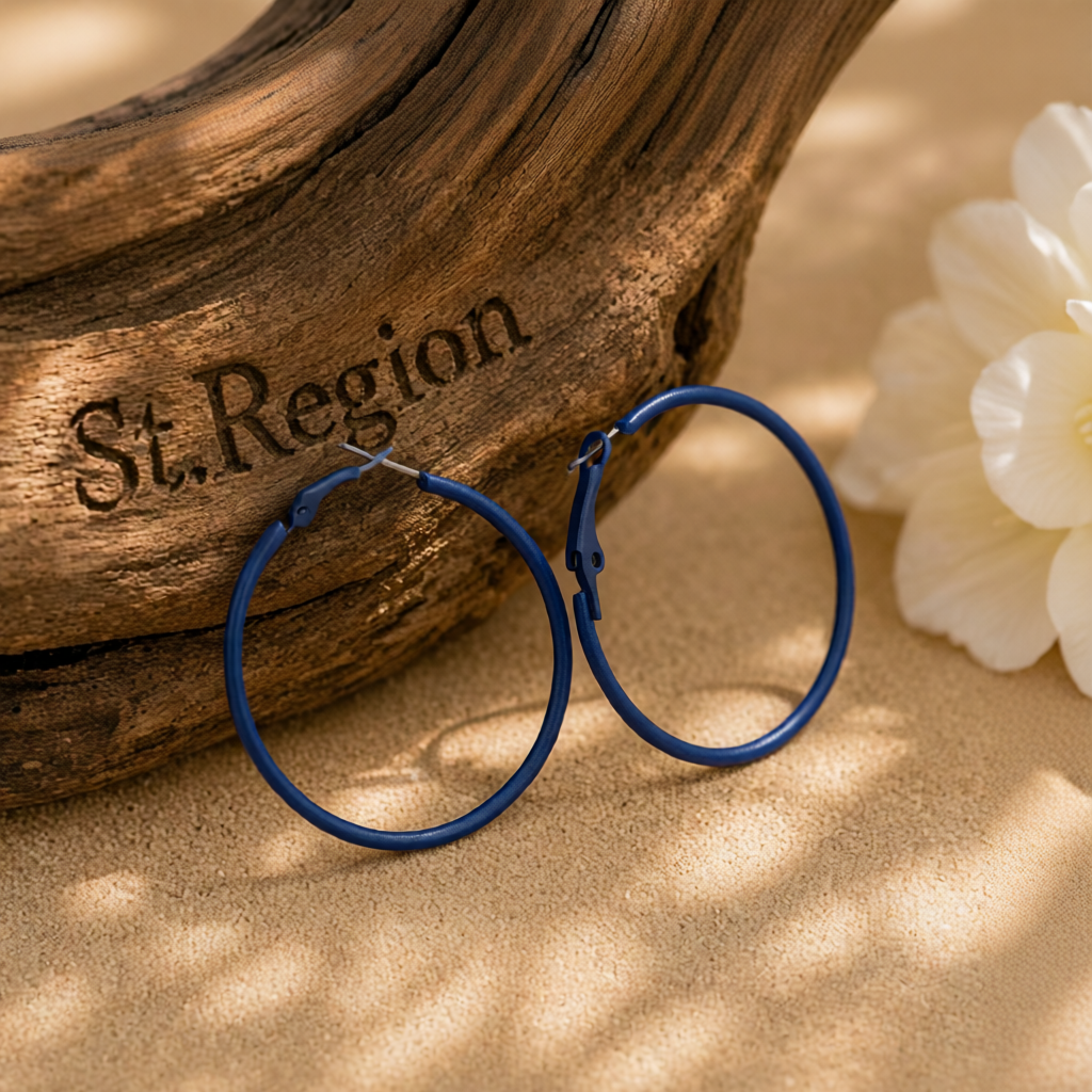 Navy Enamel and Silver-Plated Hoop Earrings, silver hoop earrings for women, botanical inspired, front view