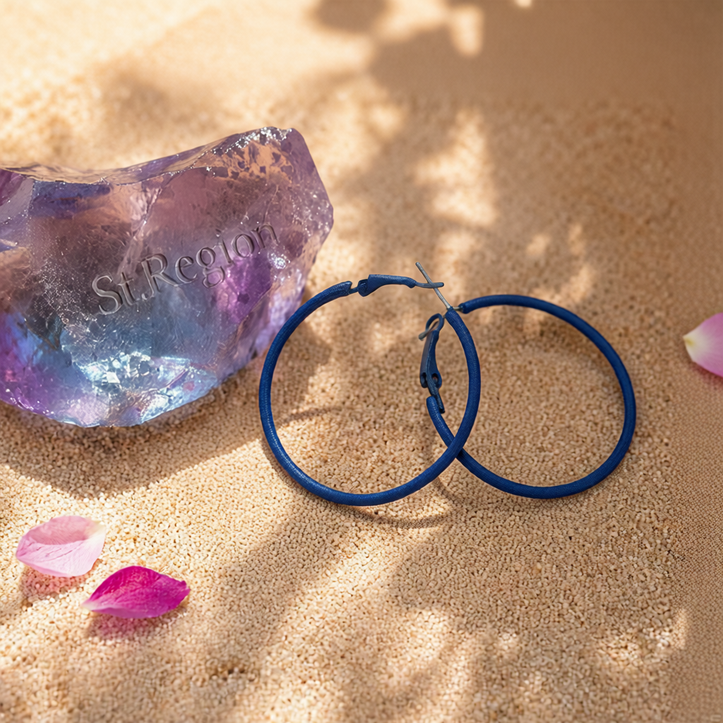 Navy Enamel and Silver-Plated Hoop Earrings, silver hoop earrings for women, botanical inspired, detail close-up