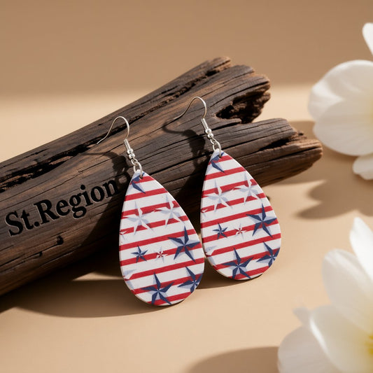 White and Blue Polystyrene Starry Stripes Teardrop Drop Earrings, drop earrings for women, front view