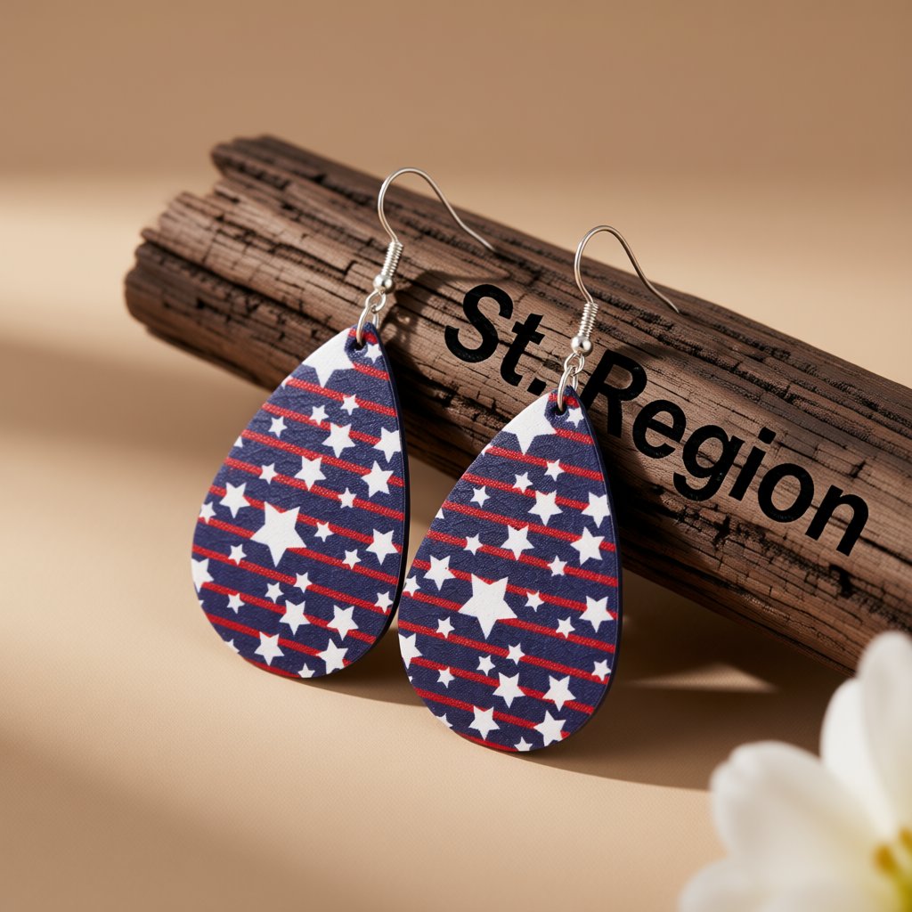 Navy and White Polystyrene Stars and Stripes Teardrop Drop Earrings, drop earrings for women, front view