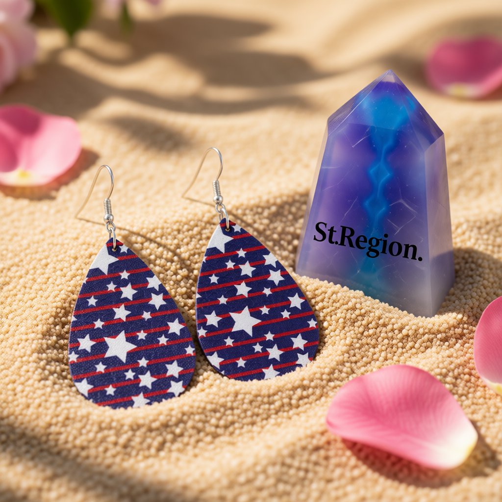 Navy and White Polystyrene Stars and Stripes Teardrop Drop Earrings, drop earrings for women, detail close-up