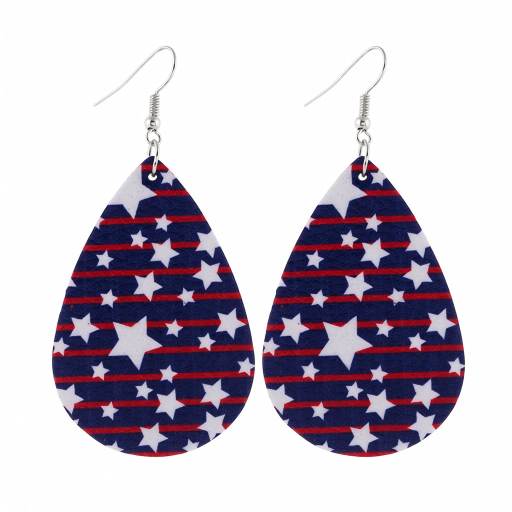 Navy and White Polystyrene Stars and Stripes Teardrop Drop Earrings, drop earrings for women, side view