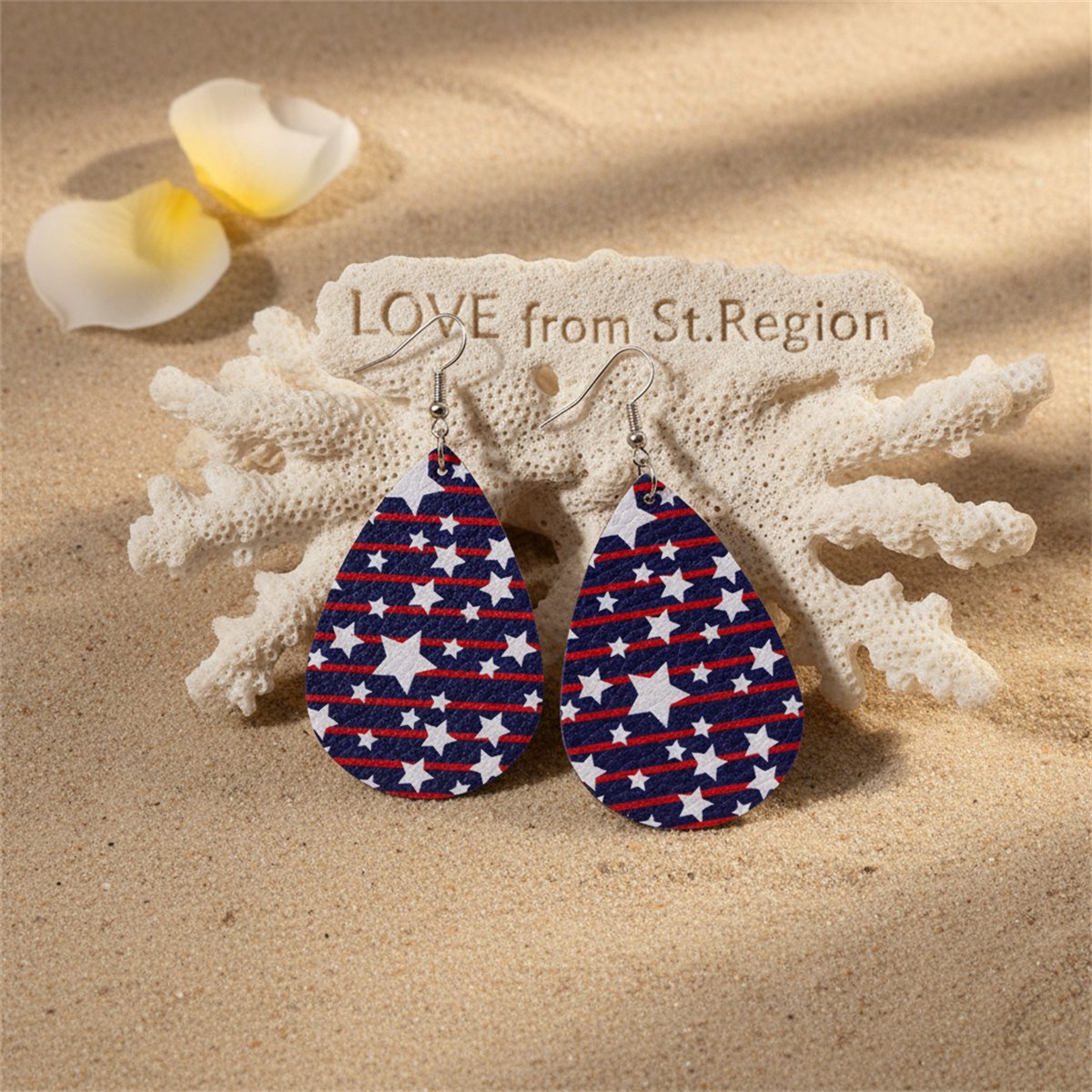 Navy and White Polystyrene Stars and Stripes Teardrop Drop Earrings, drop earrings for women, lifestyle look
