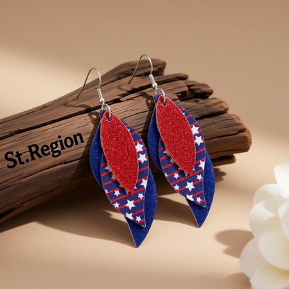 Navy and Red Polystyrene Stars and Stripes Glitter Triple Drop Earrings, drop earrings for women, front view