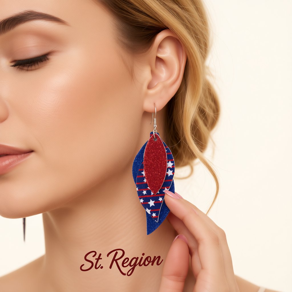 Navy and Red Polystyrene Stars and Stripes Glitter Triple Drop Earrings, drop earrings for women, styled look