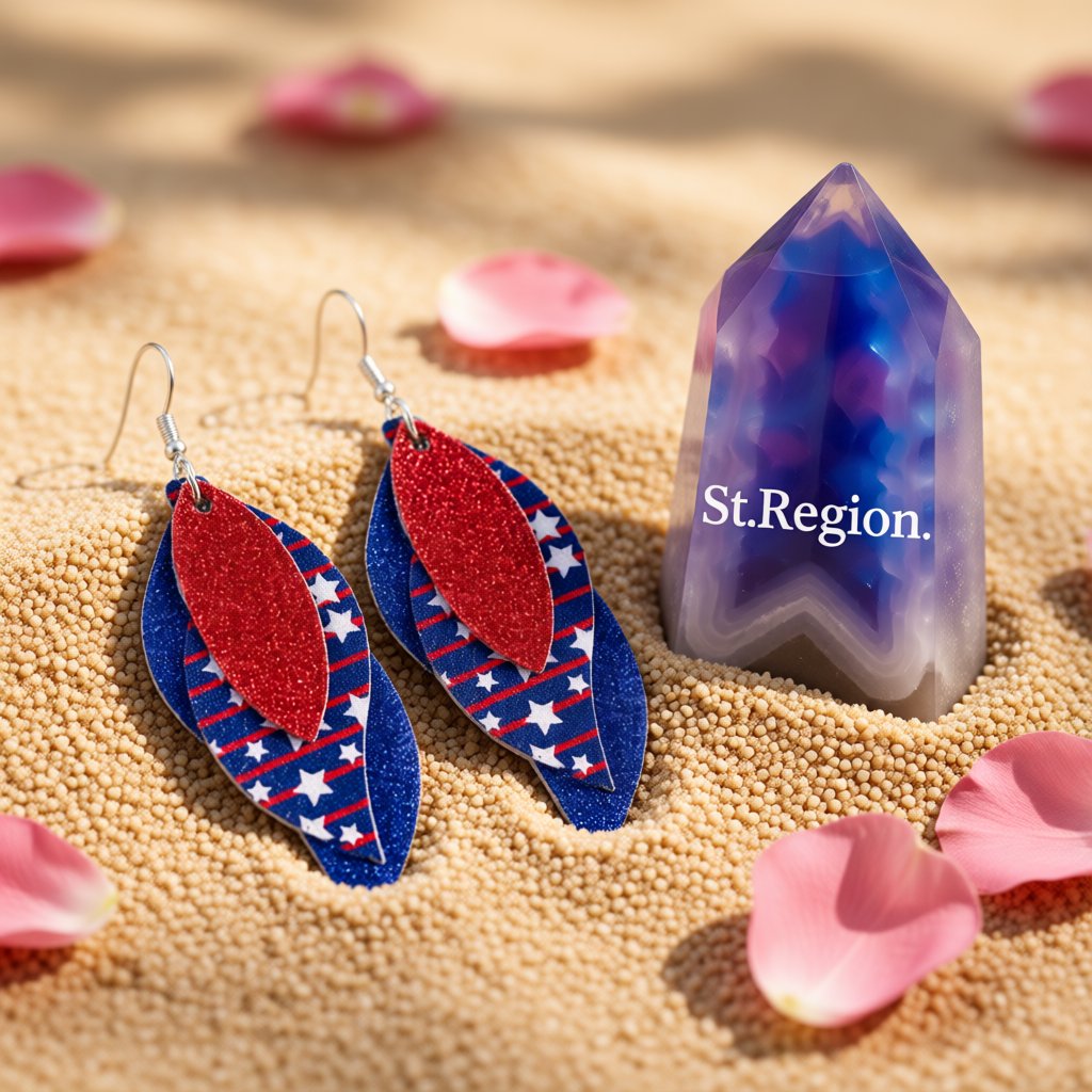 Navy and Red Polystyrene Stars and Stripes Glitter Triple Drop Earrings, drop earrings for women, detail close-up