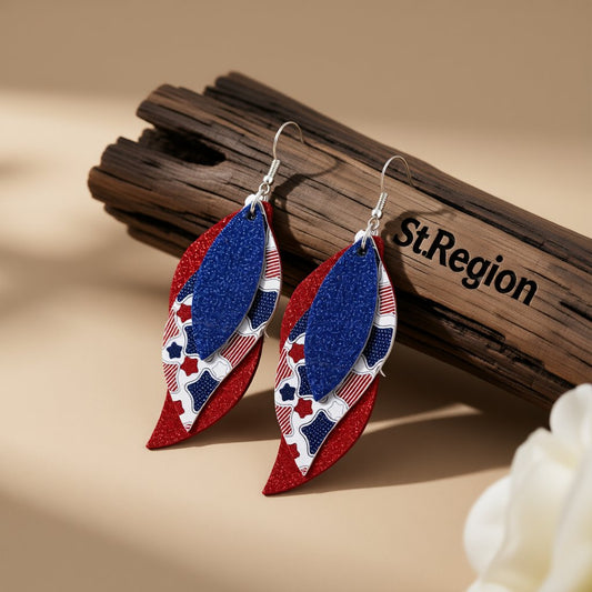 Navy and White Polystyrene Star Glitter Triple Leaf Drop Earrings, drop earrings for women, front view
