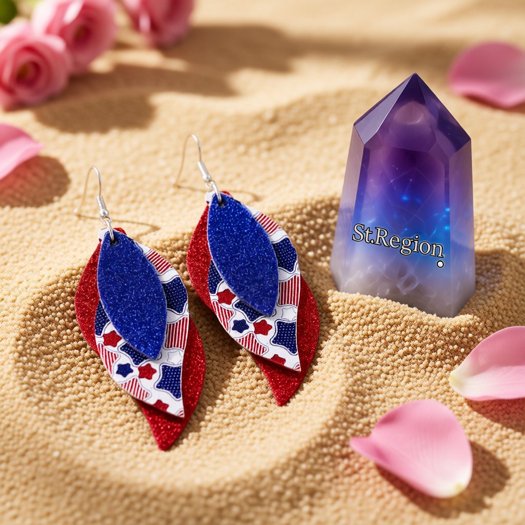 Navy and White Polystyrene Star Glitter Triple Leaf Drop Earrings, drop earrings for women, detail close-up