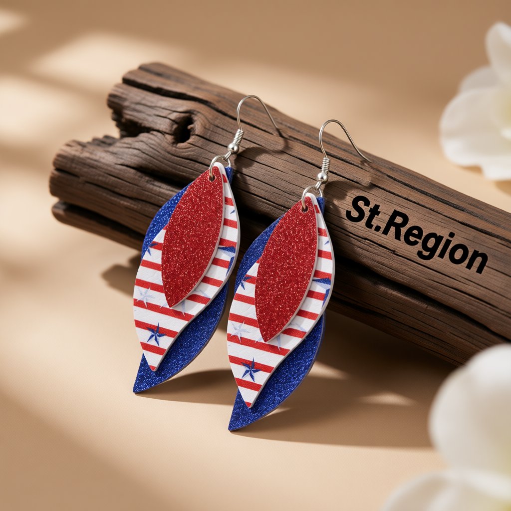 Red and White Polystyrene Stripe Glitter Triple Leaf Drop Earrings, drop earrings for women, front view