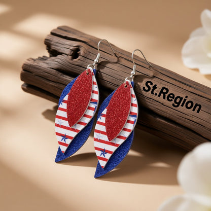 Red and White Polystyrene Stripe Glitter Triple Leaf Drop Earrings, drop earrings for women, front view