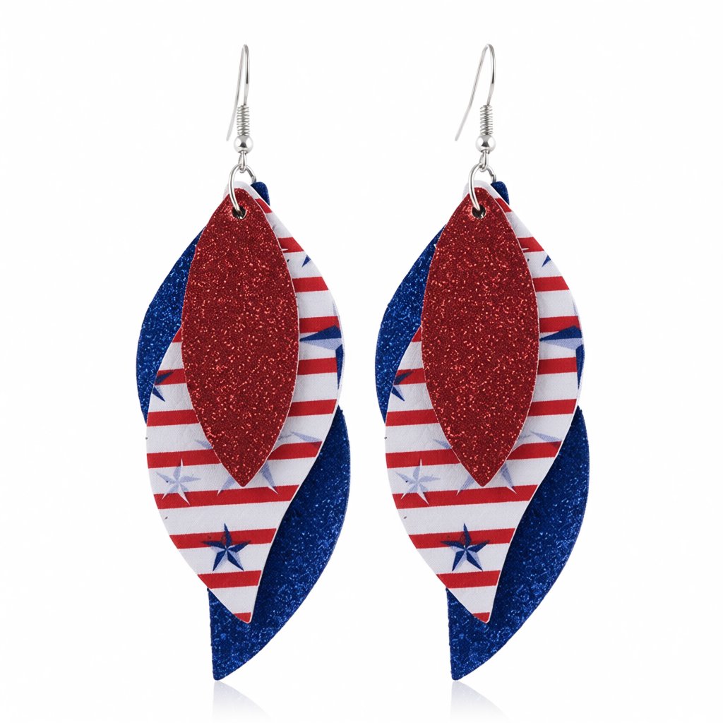 Red and White Polystyrene Stripe Glitter Triple Leaf Drop Earrings, drop earrings for women, side view