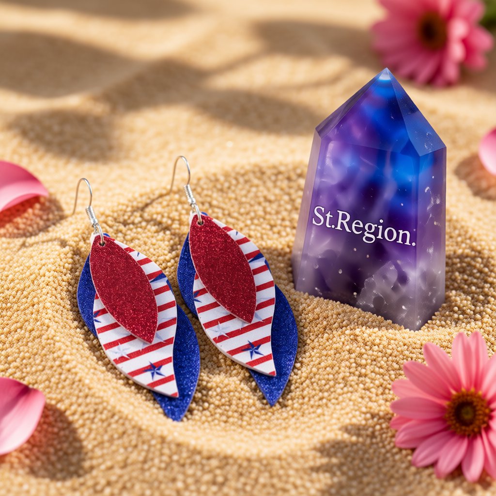 Red and White Polystyrene Stripe Glitter Triple Leaf Drop Earrings, drop earrings for women, detail close-up