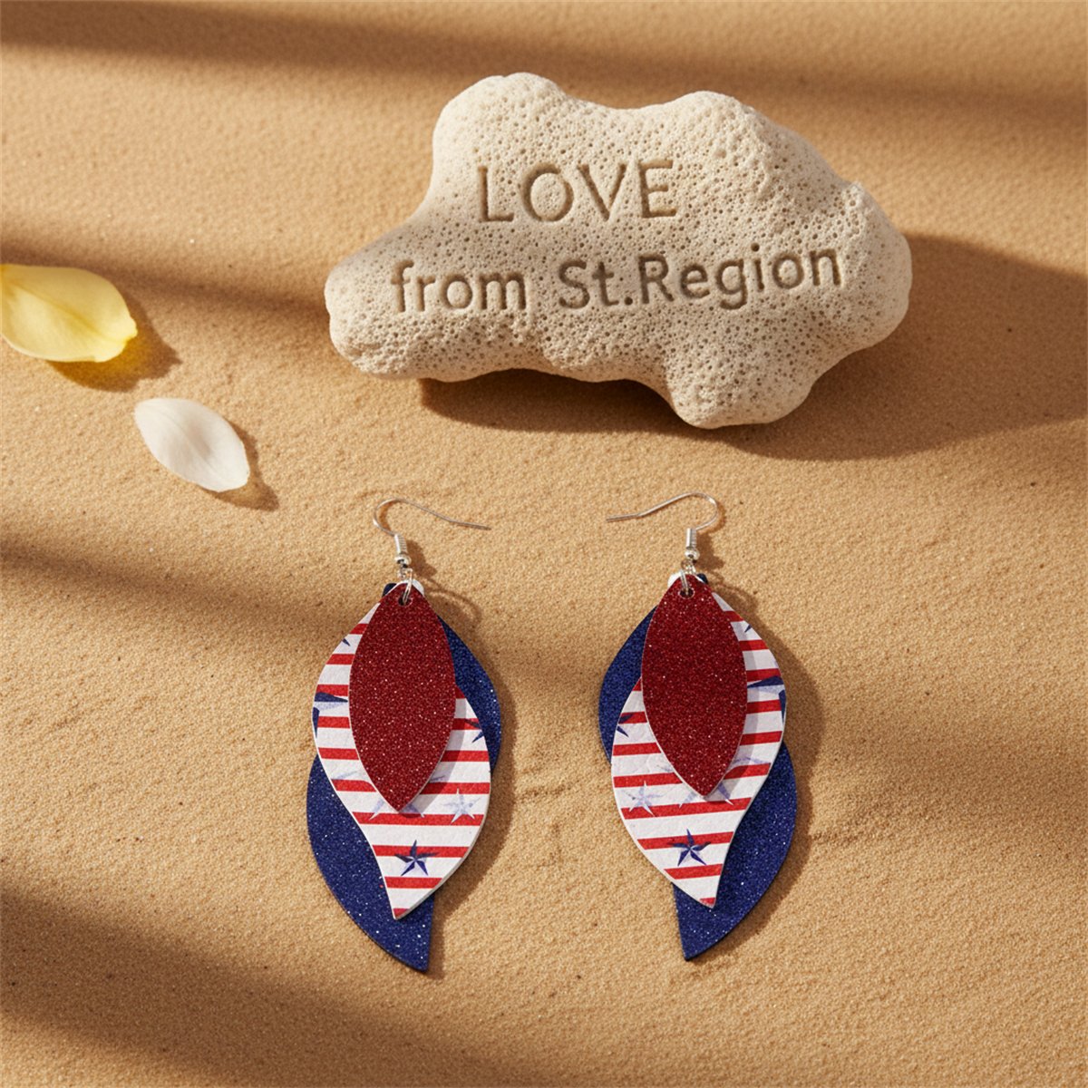 Red and White Polystyrene Stripe Glitter Triple Leaf Drop Earrings, drop earrings for women, lifestyle look