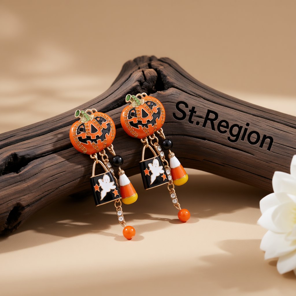 Cubic Zirconia Pumpkin and Ghost Dangle Drop Earrings, drop earrings for women, botanical inspired, front view