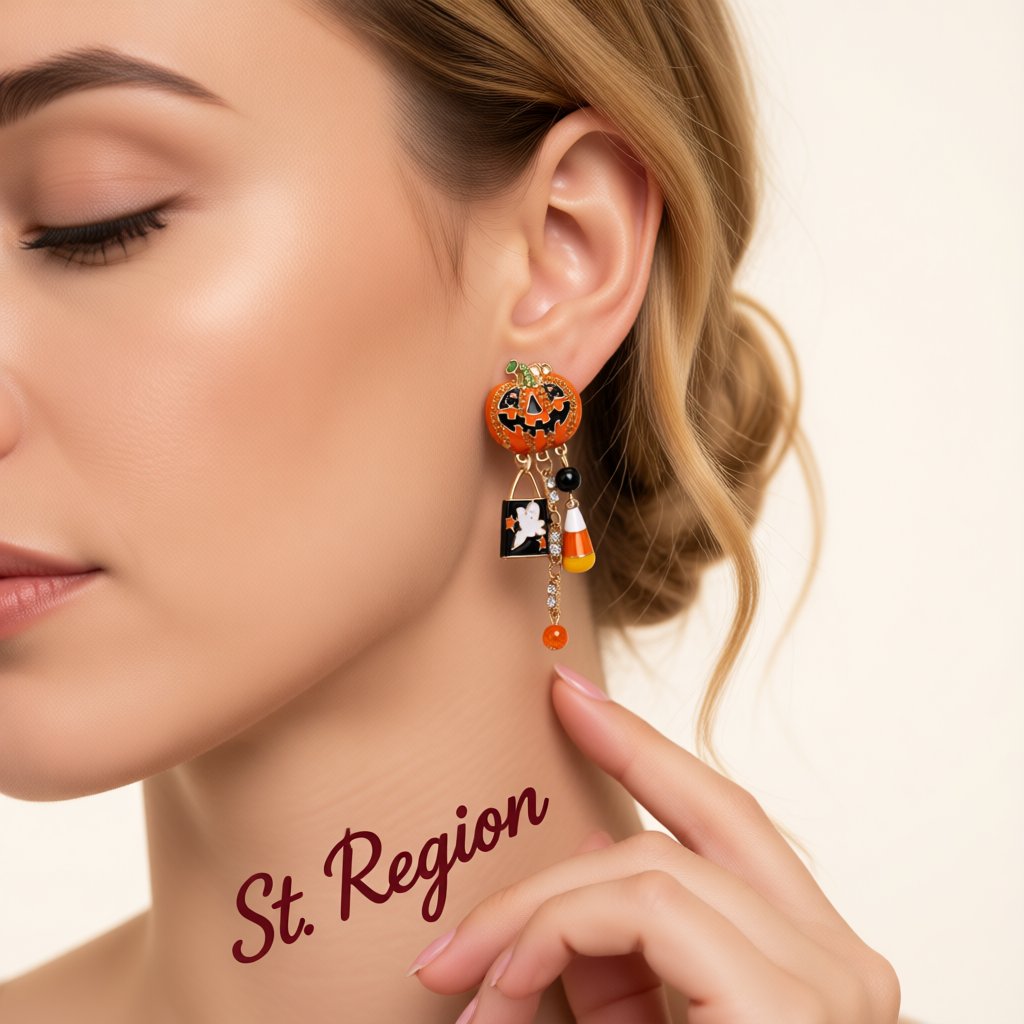 Cubic Zirconia Pumpkin and Ghost Dangle Drop Earrings, drop earrings for women, botanical inspired, styled look