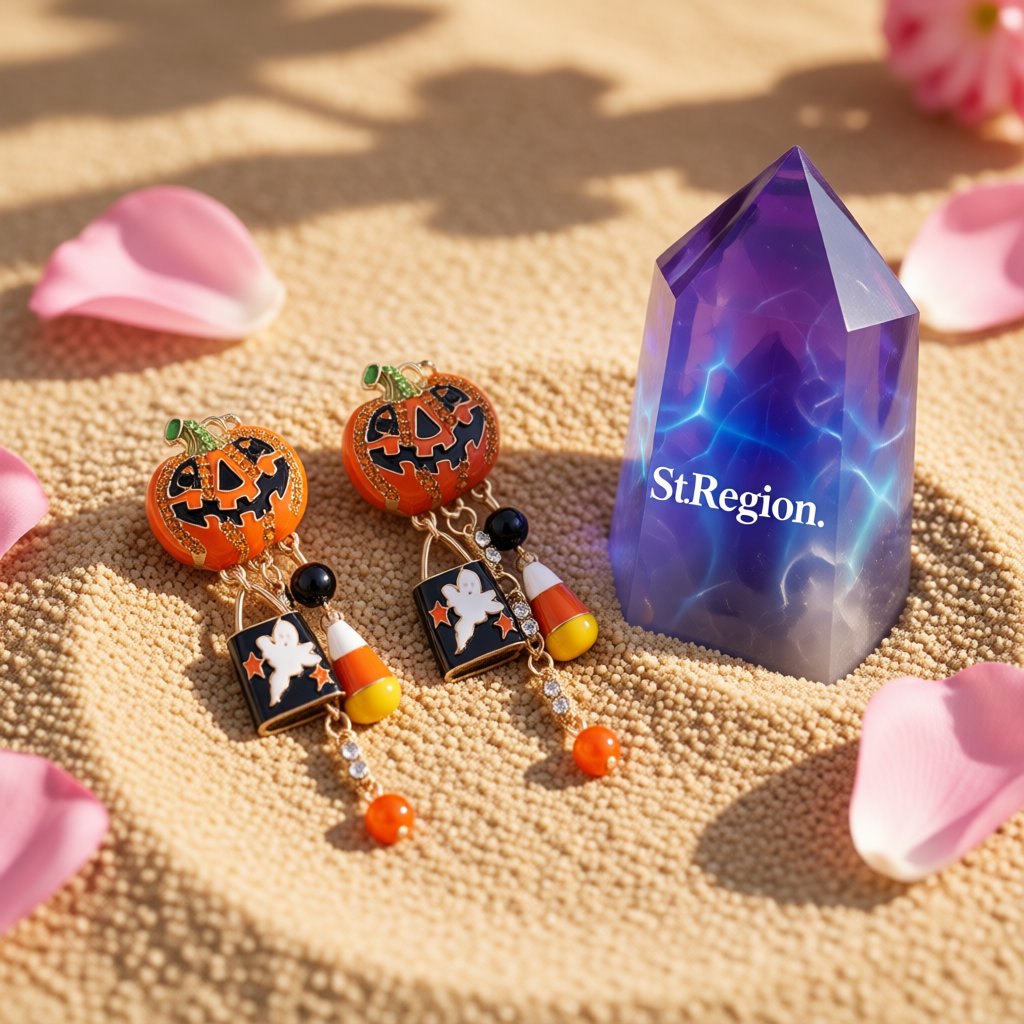 Cubic Zirconia Pumpkin and Ghost Dangle Drop Earrings, drop earrings for women, botanical inspired, detail close-up