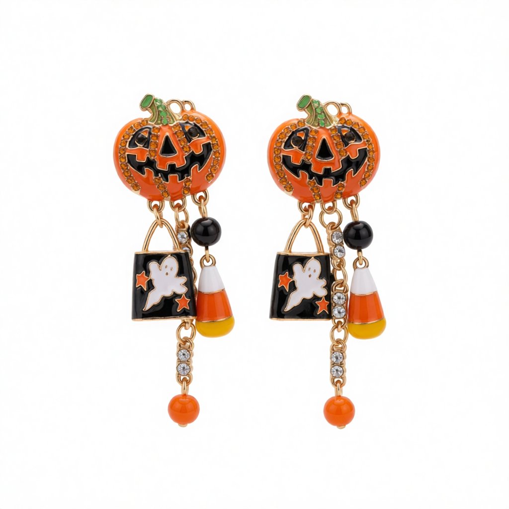 Cubic Zirconia Pumpkin and Ghost Dangle Drop Earrings, drop earrings for women, botanical inspired, side view