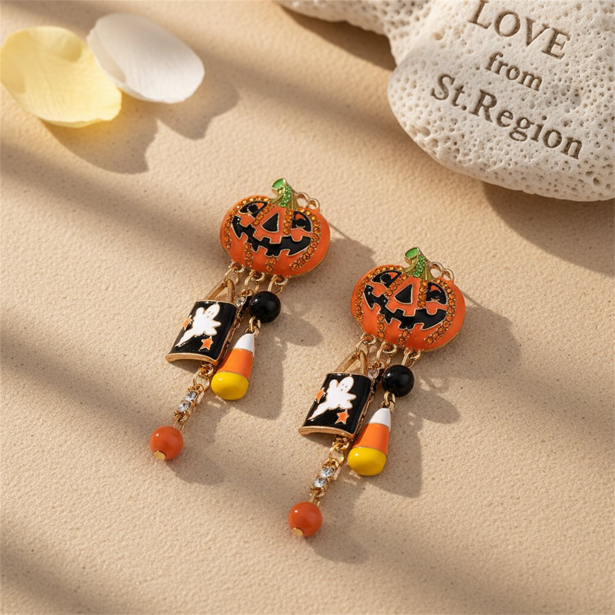 Cubic Zirconia Pumpkin and Ghost Dangle Drop Earrings, drop earrings for women, botanical inspired, lifestyle look