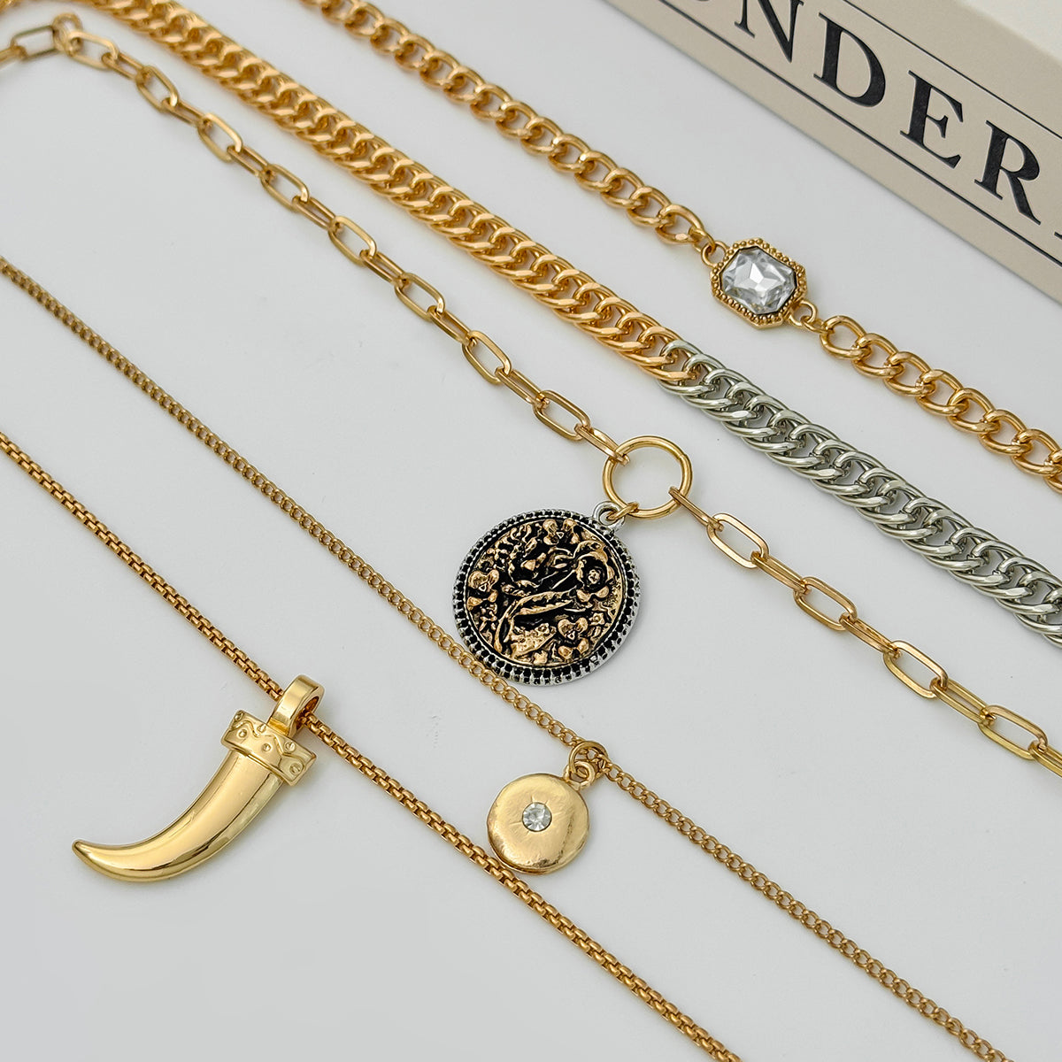 Cubic Zirconia & Crystal Two Tone Round Knife Necklace Set