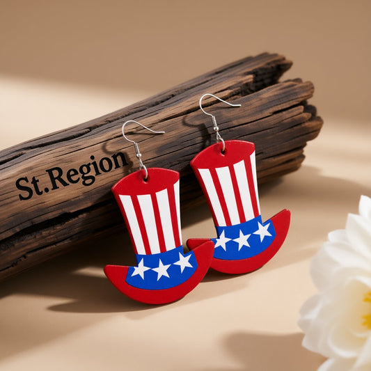 Red and Blue Polystyrene Uncle Sam Hat Drop Earrings, drop earrings for women, botanical inspired, front view