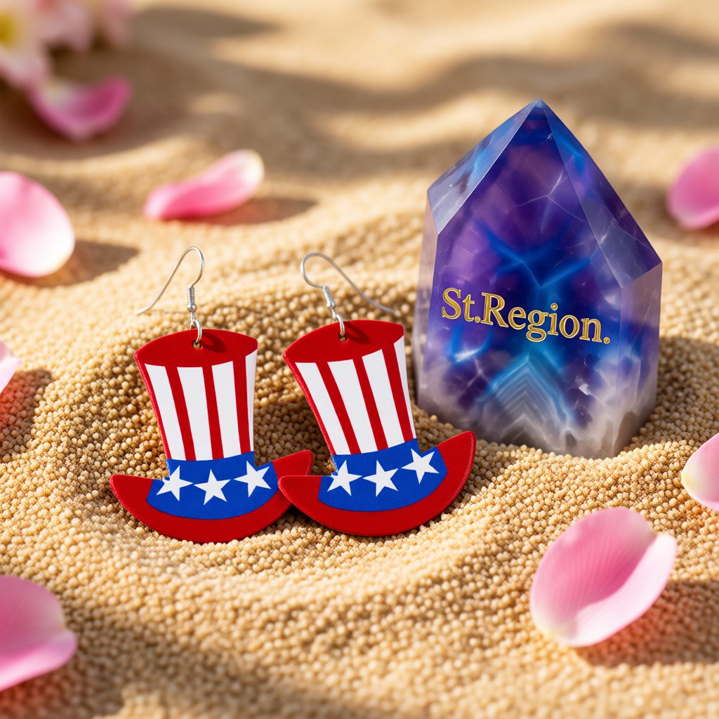 Red and Blue Polystyrene Uncle Sam Hat Drop Earrings, drop earrings for women, botanical inspired, detail close-up